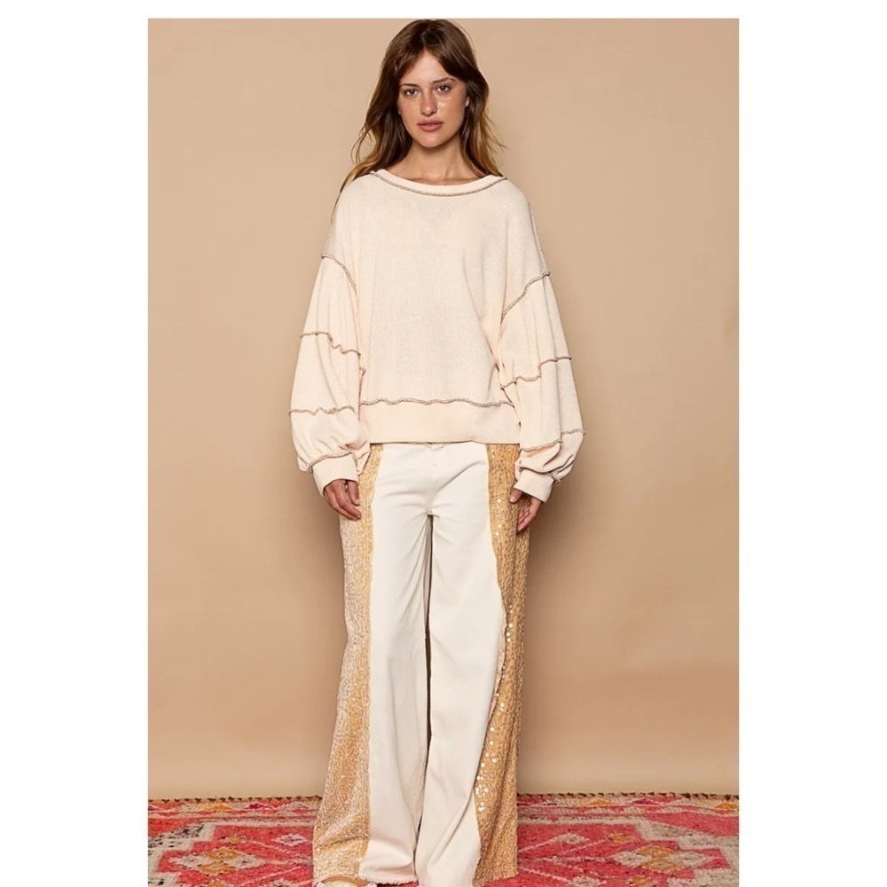 Cut Sew Sweater Knit Exposed Seam Sweatshirt - Picture 9 of 10